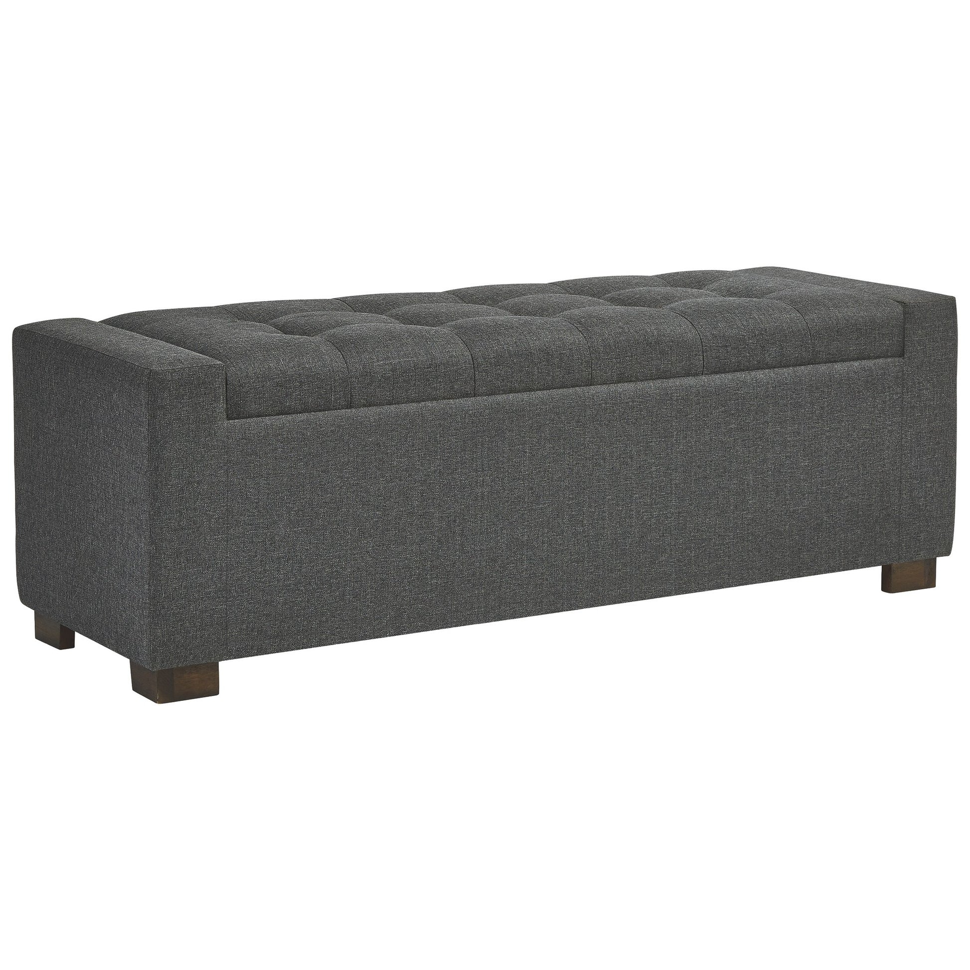 Fabric tufted storage bench with block feet in dark gray by Benzara
