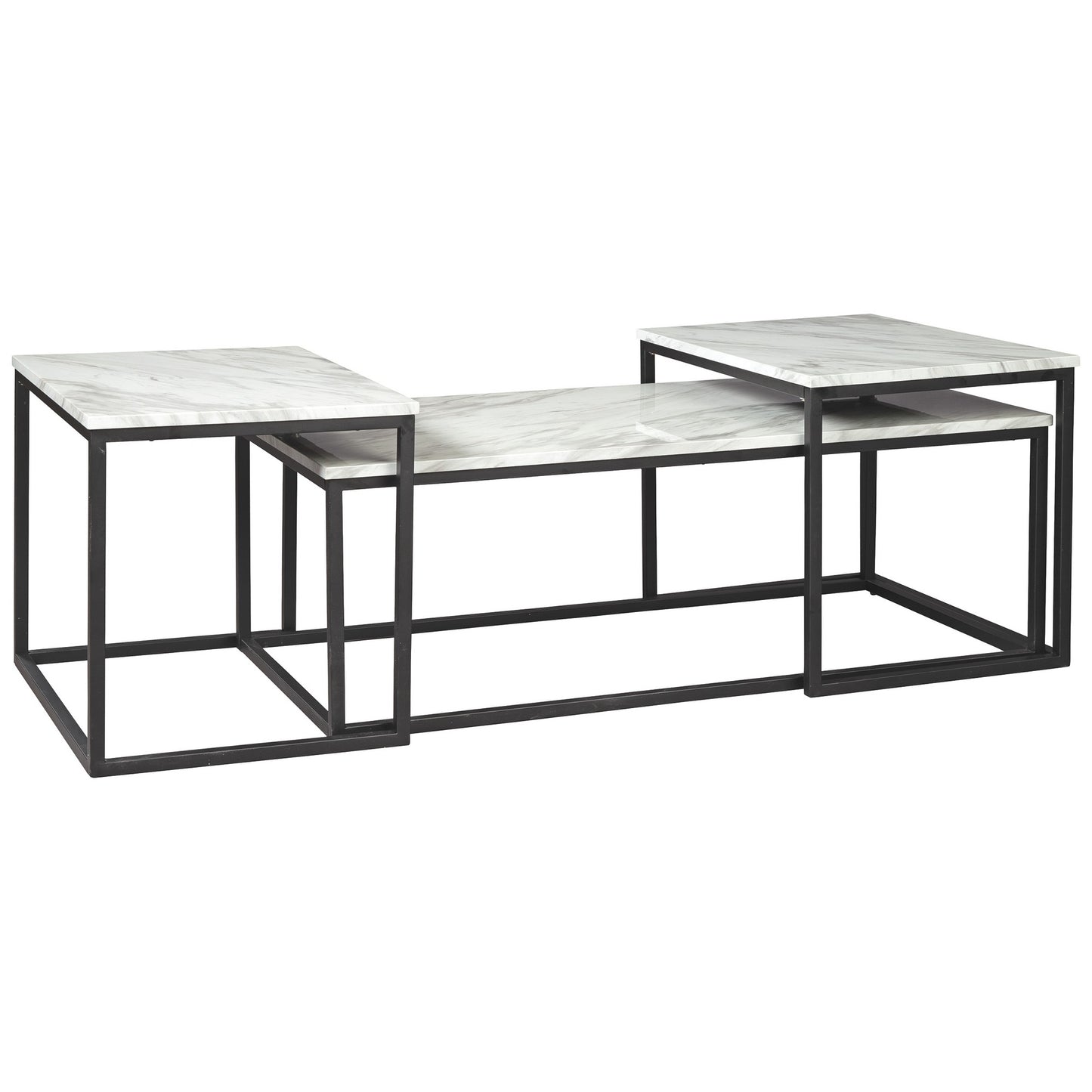 Three-piece Benzara nesting tables with white marble tops and black metal frames