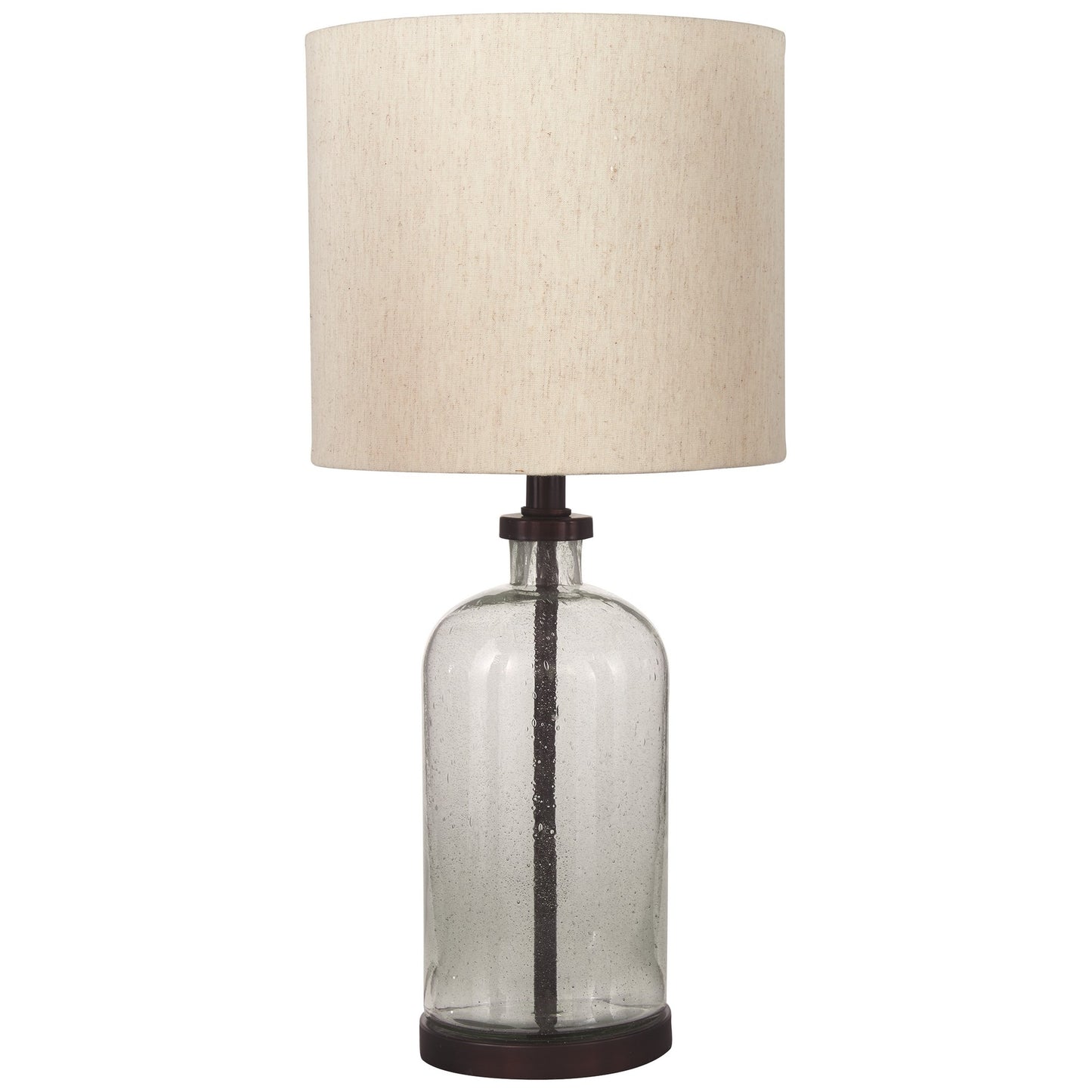 Benzara cylindrical seeded-glass table lamp with beige fabric drum shade