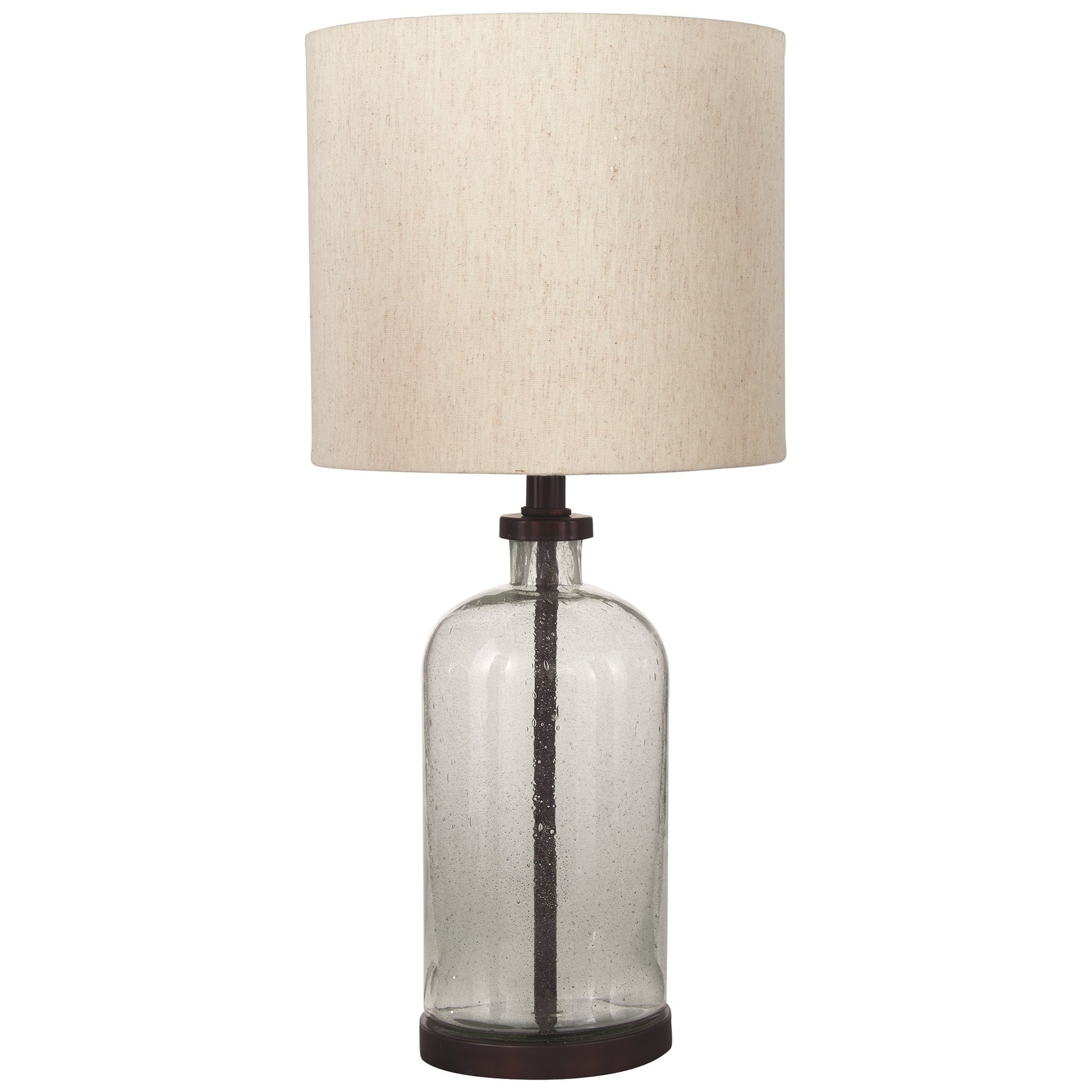 Benzara cylindrical seeded-glass table lamp with beige fabric drum shade