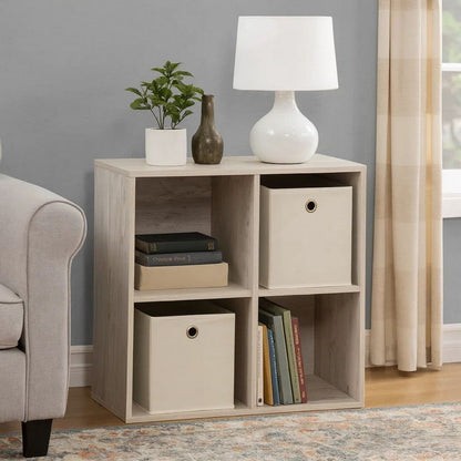4 Cube Wooden Organizer with Grain Details, Washed White