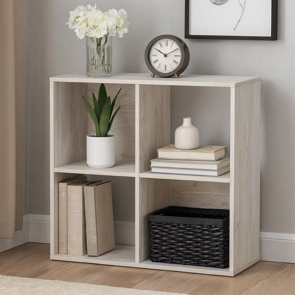 4 Cube Wooden Organizer with Grain Details, Washed White
