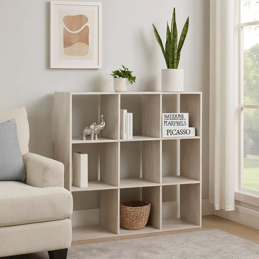 9 Cube Wooden Organizer with Grain Details, Washed White