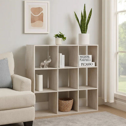 9 Cube Wooden Organizer with Grain Details, Washed White