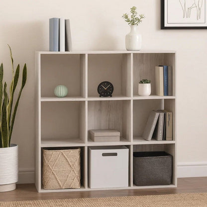 9 Cube Wooden Organizer with Grain Details, Washed White