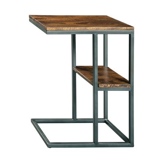Wooden top accent table with metal frame and 1 fixed lower shelf, black and brown finish