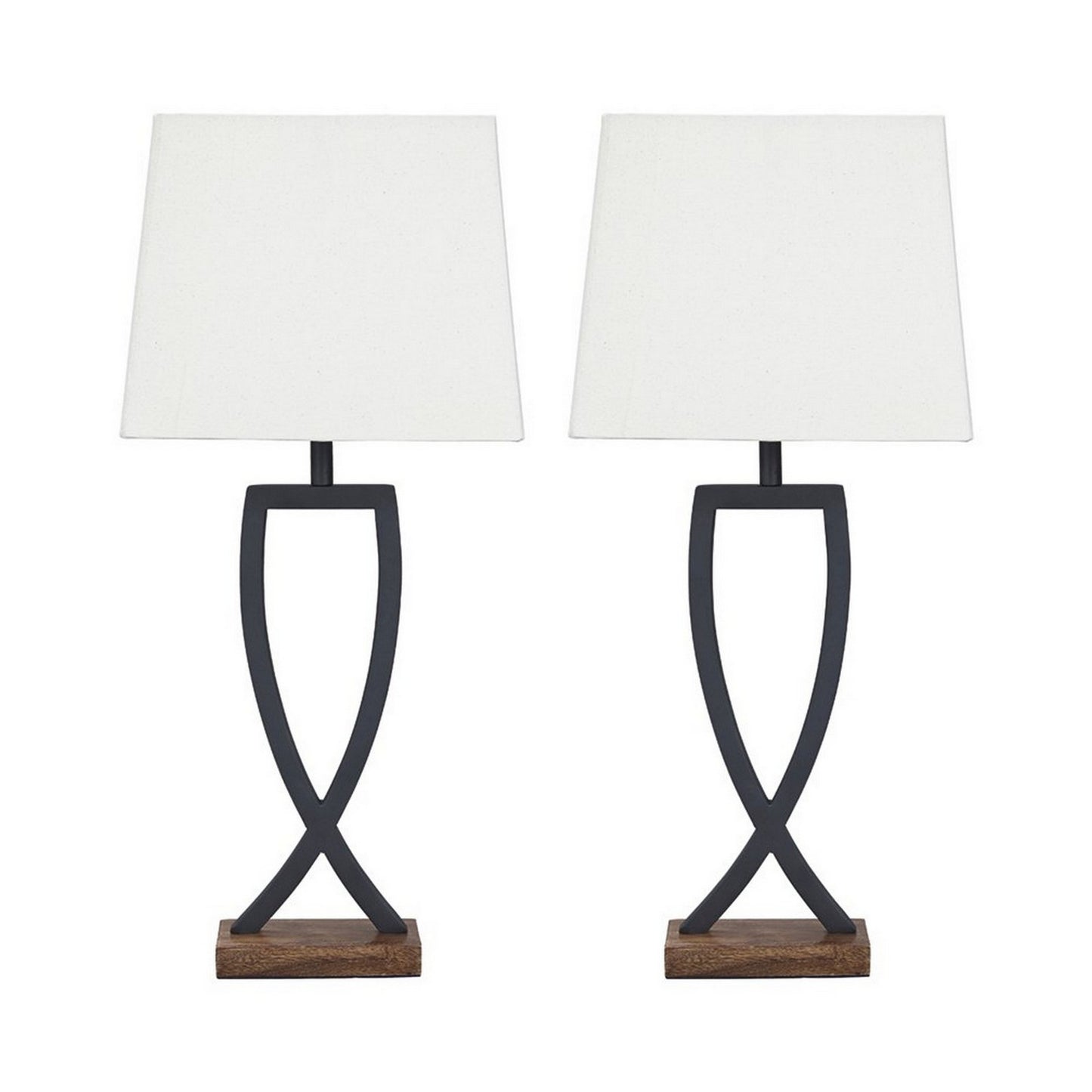 Criss Cross metal table lamp set with fabric shades, 2 lamps in gray and white on wood bases by Benzara