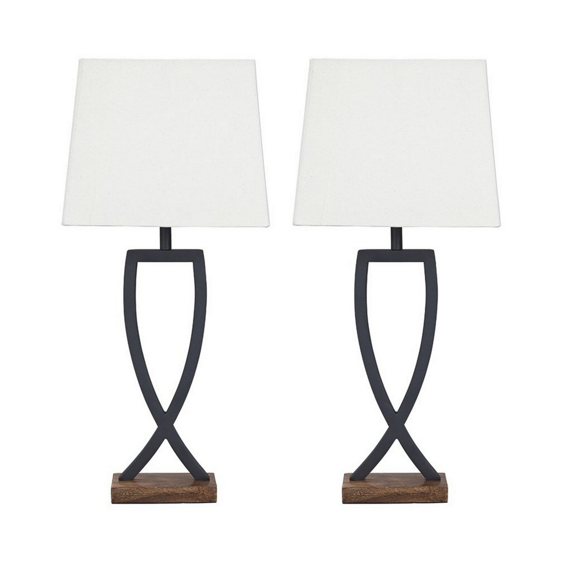 Criss Cross metal table lamp set with fabric shades, 2 lamps in gray and white on wood bases by Benzara