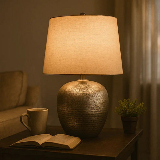 Bellied metal Body Table Lamp with Splotched Details, Brass and Cream