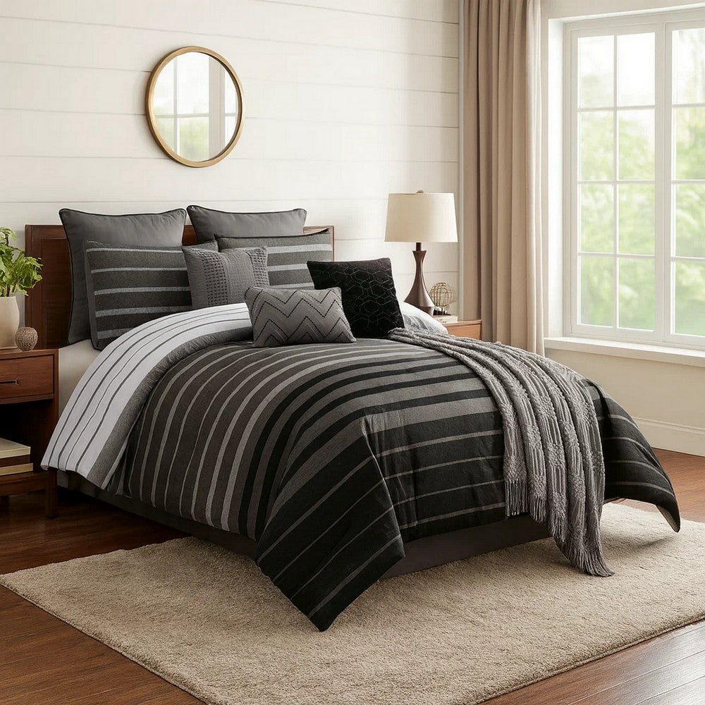 10 Piece King Polyester Comforter Set with Striped Details