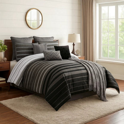 10 Piece King Polyester Comforter Set with Striped Details