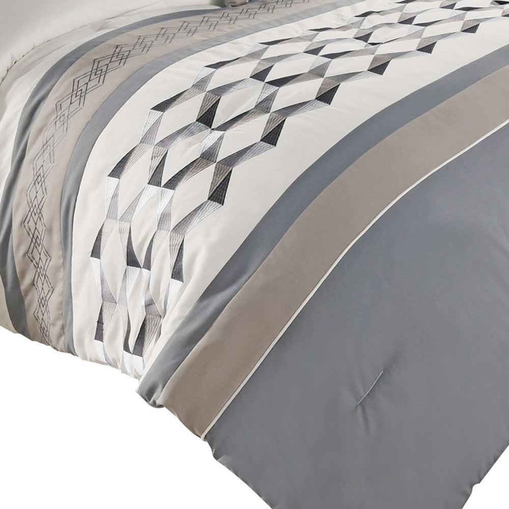 7 Piece King Polyester Comforter Set with Geometric Design, Blue, Tan