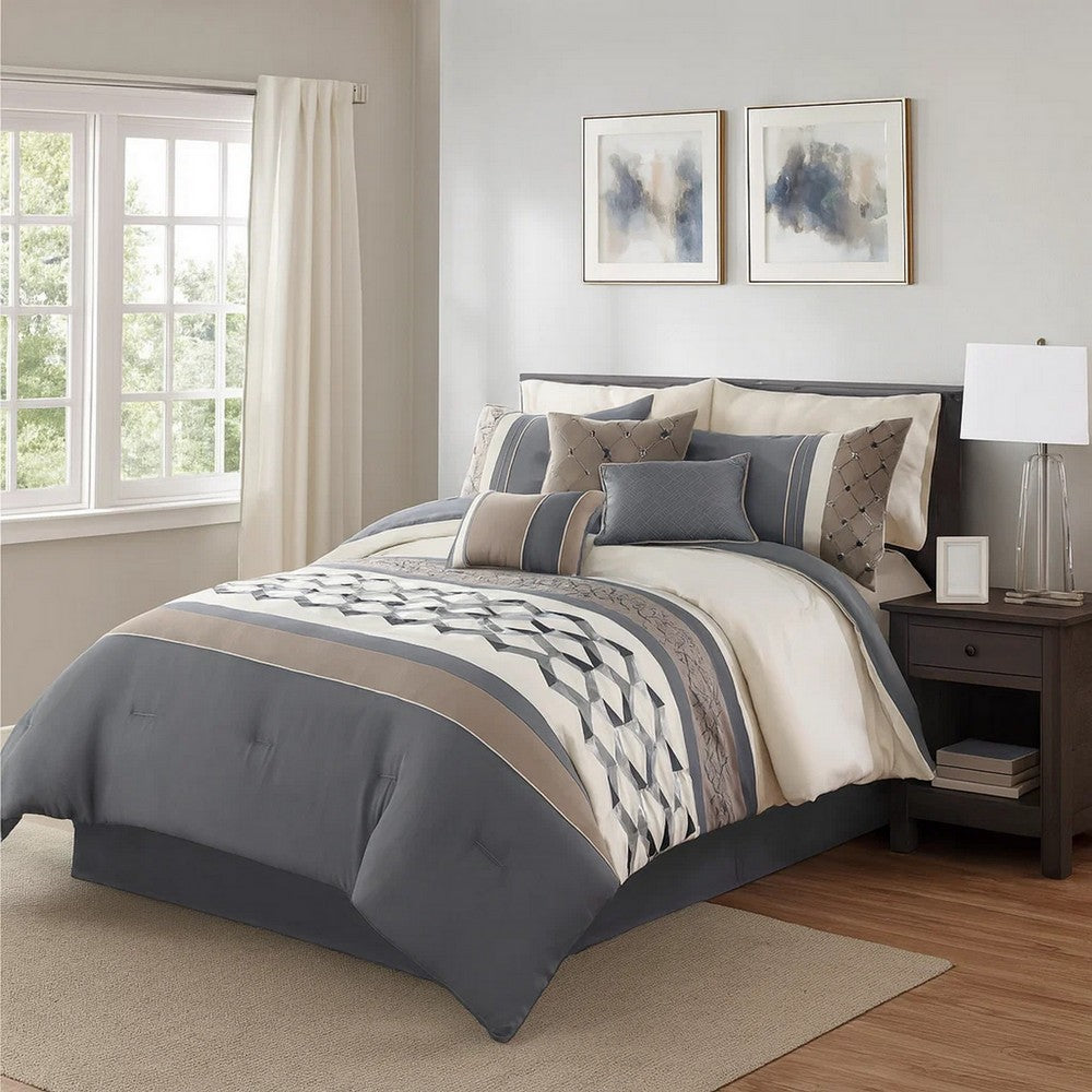 7 Piece King Polyester Comforter Set with Geometric Design, Blue, Tan