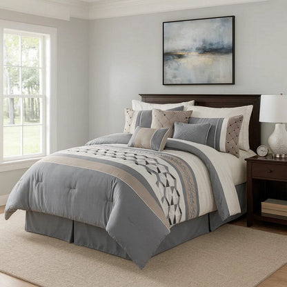 7 Piece King Polyester Comforter Set with Geometric Design, Blue, Tan