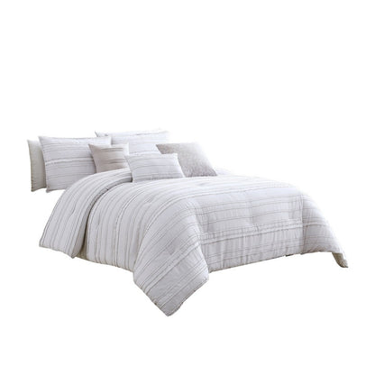 6 Piece King Cotton Comforter Set with Frayed Edges, White and Gray