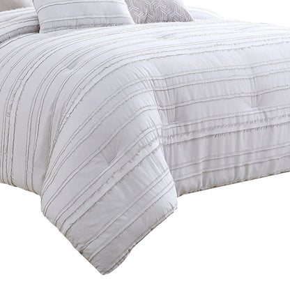 6 Piece King Cotton Comforter Set with Frayed Edges, White and Gray