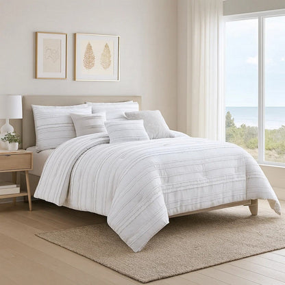 6 Piece King Cotton Comforter Set with Frayed Edges, White and Gray