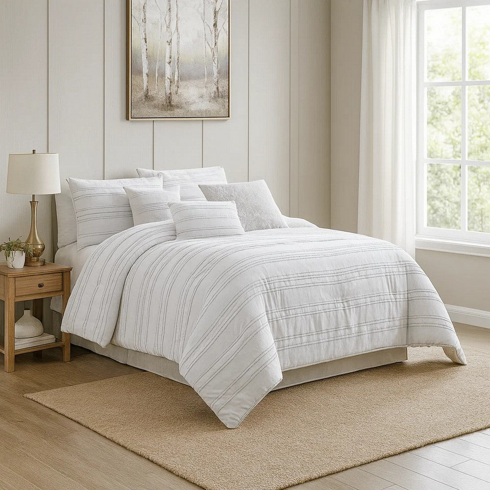 6 Piece King Cotton Comforter Set with Frayed Edges, White and Gray