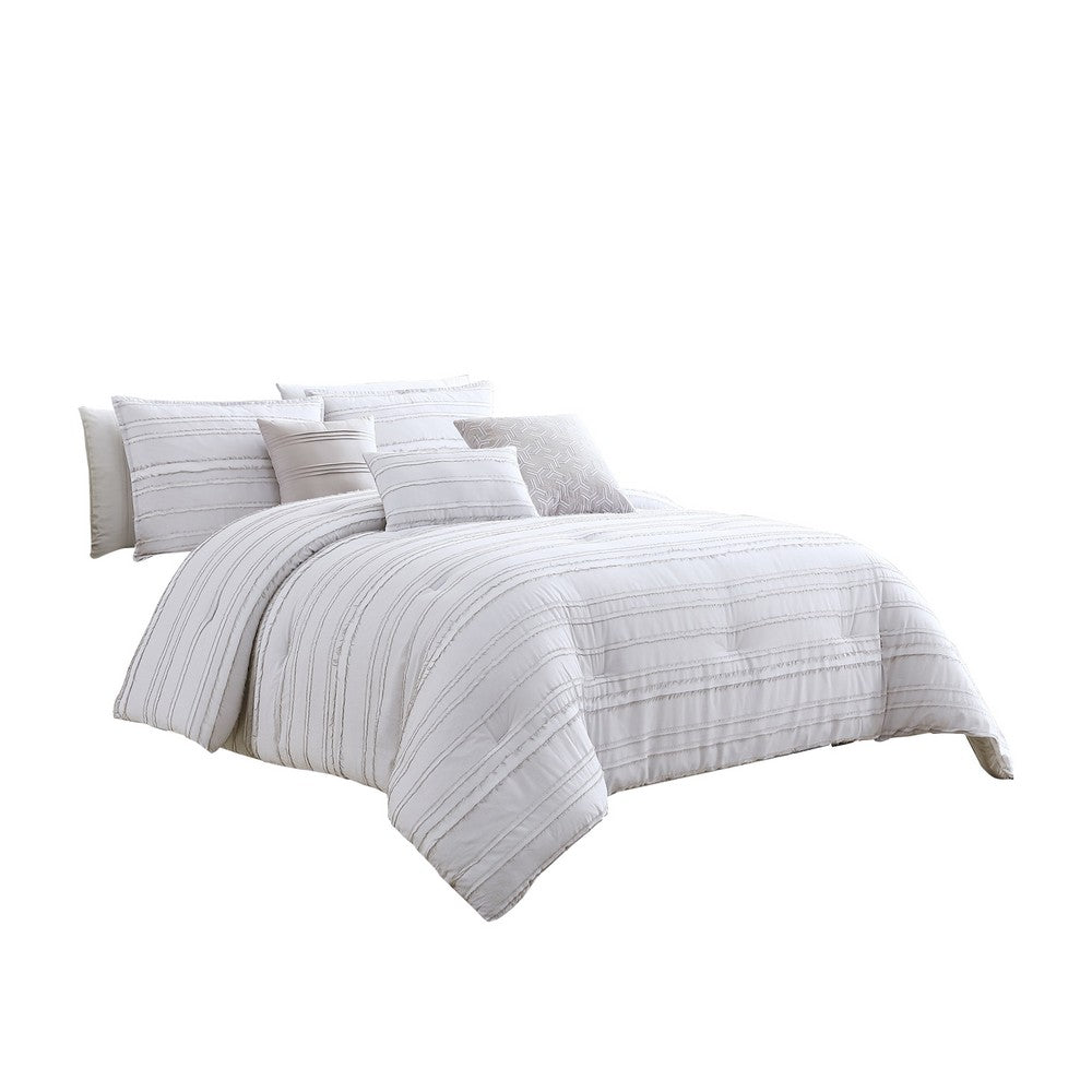 6 Piece Queen Cotton Comforter Set with Frayed Edges, White and Gray