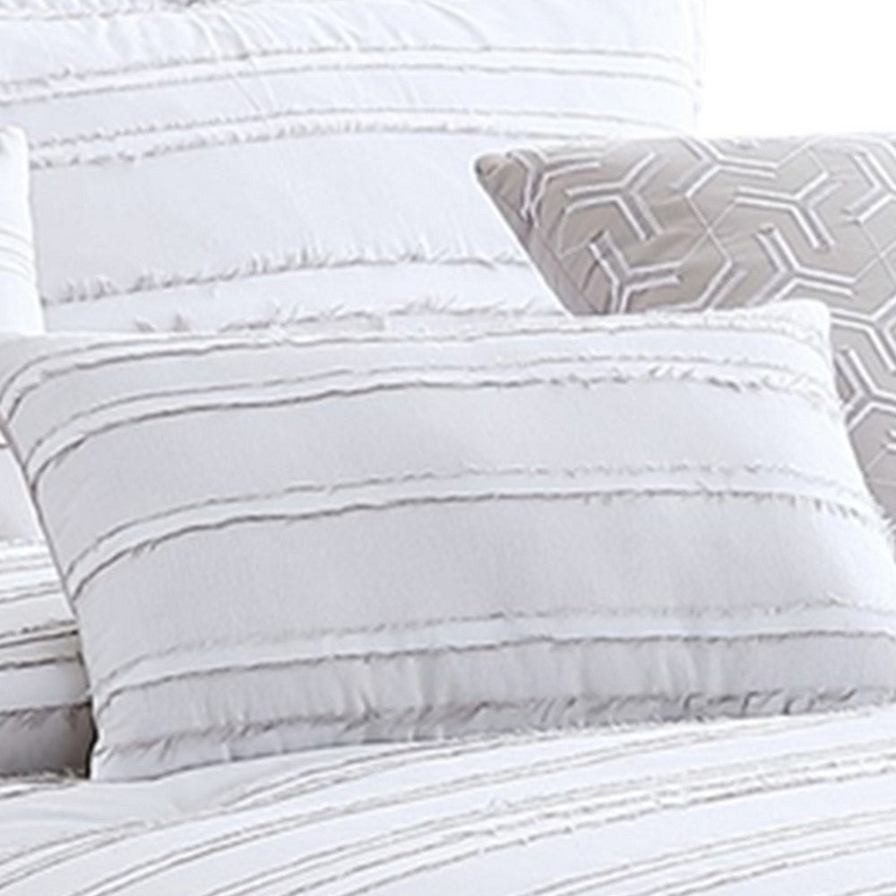 6 Piece Queen Cotton Comforter Set with Frayed Edges, White and Gray