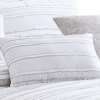 6 Piece Queen Cotton Comforter Set with Frayed Edges, White and Gray