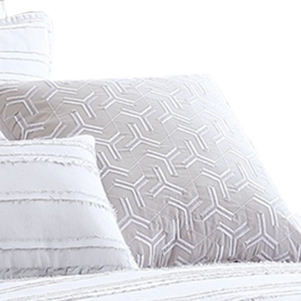 6 Piece Queen Cotton Comforter Set with Frayed Edges, White and Gray