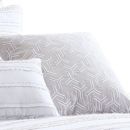 6 Piece Queen Cotton Comforter Set with Frayed Edges, White and Gray