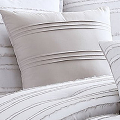 6 Piece Queen Cotton Comforter Set with Frayed Edges, White and Gray