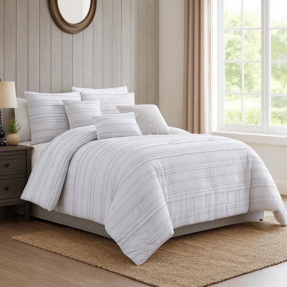 6 Piece Queen Cotton Comforter Set with Frayed Edges, White and Gray