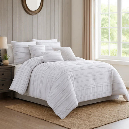 6 Piece Queen Cotton Comforter Set with Frayed Edges, White and Gray