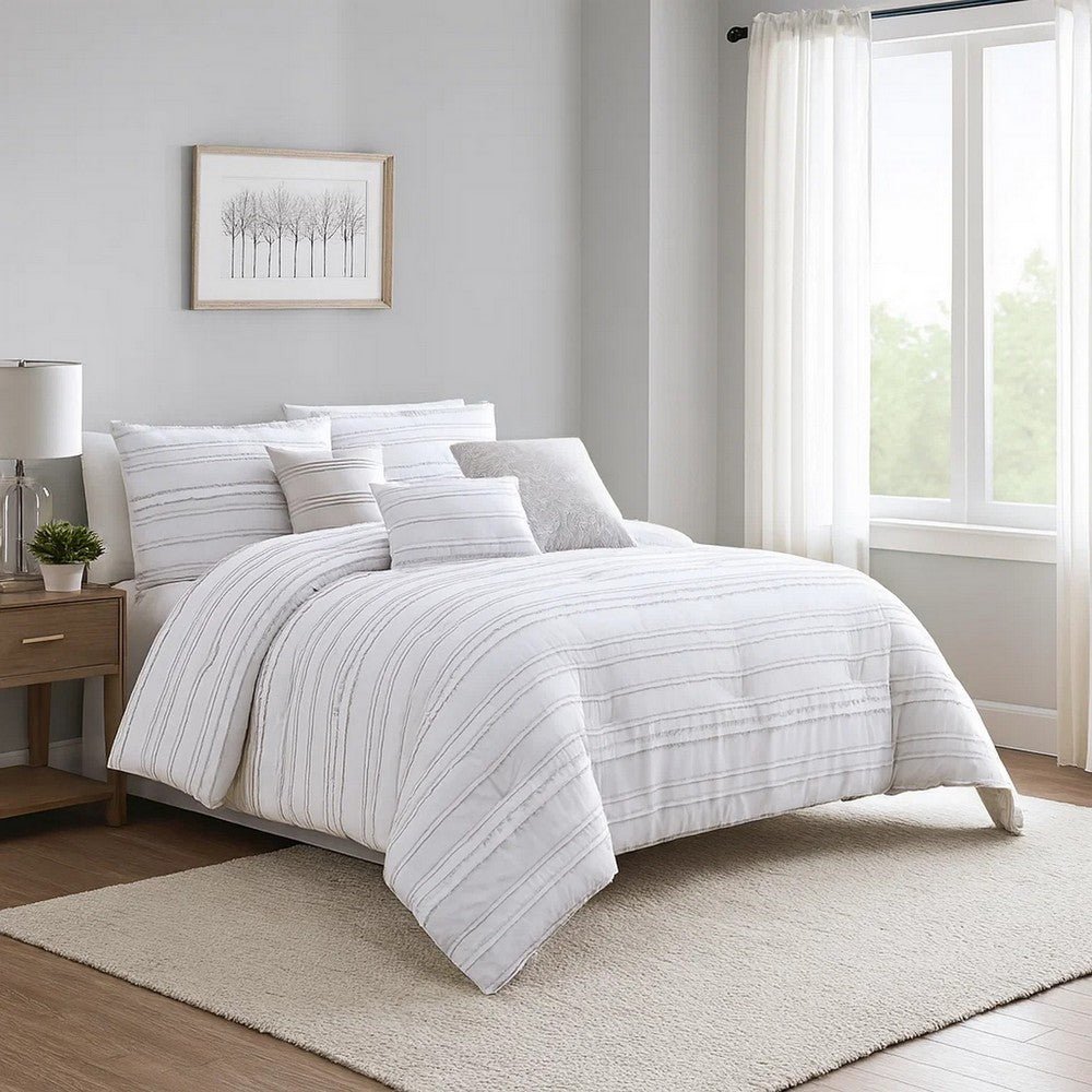 6 Piece Queen Cotton Comforter Set with Frayed Edges, White and Gray