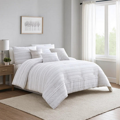 6 Piece Queen Cotton Comforter Set with Frayed Edges, White and Gray