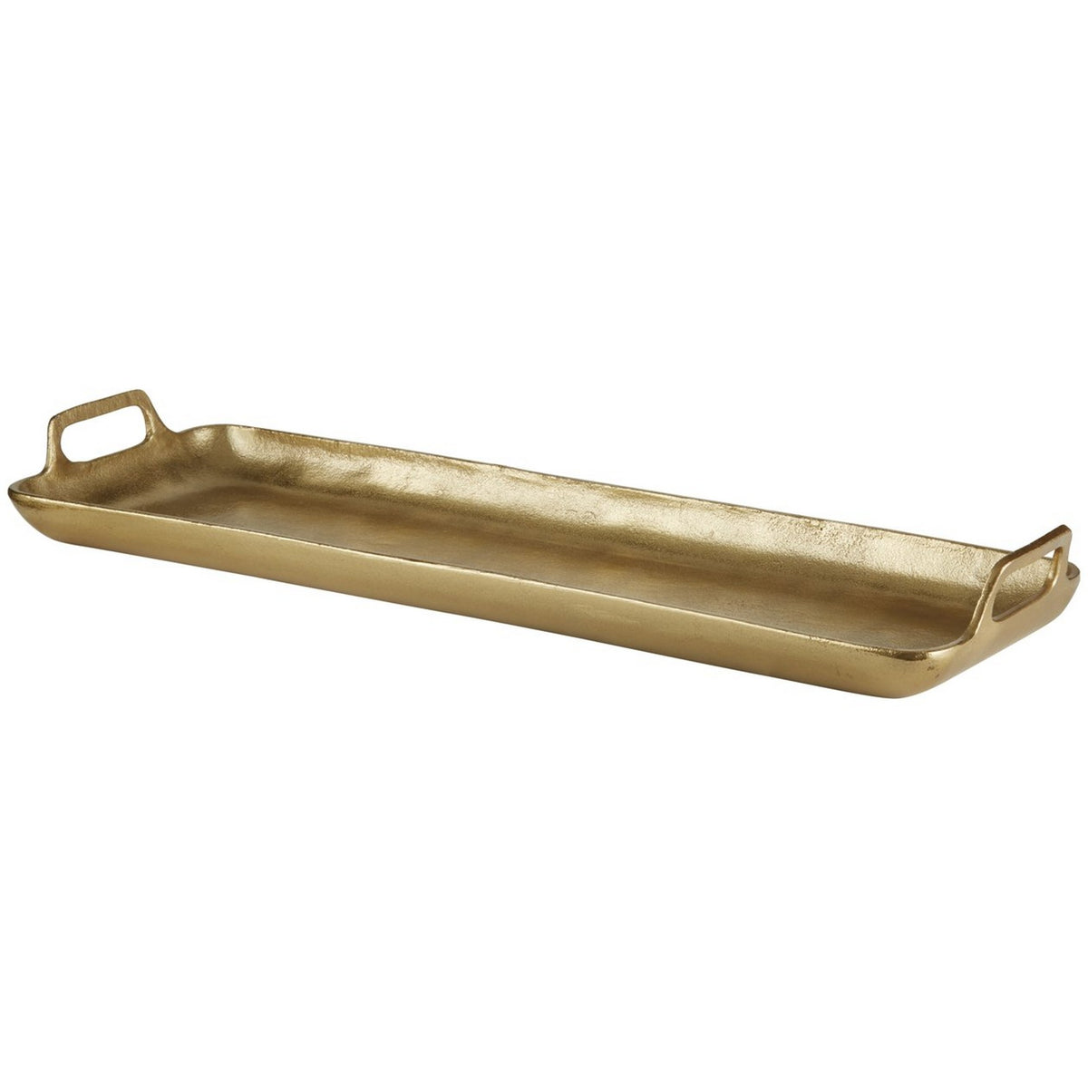 Rectangular gold metal decorative tray with cutout handles