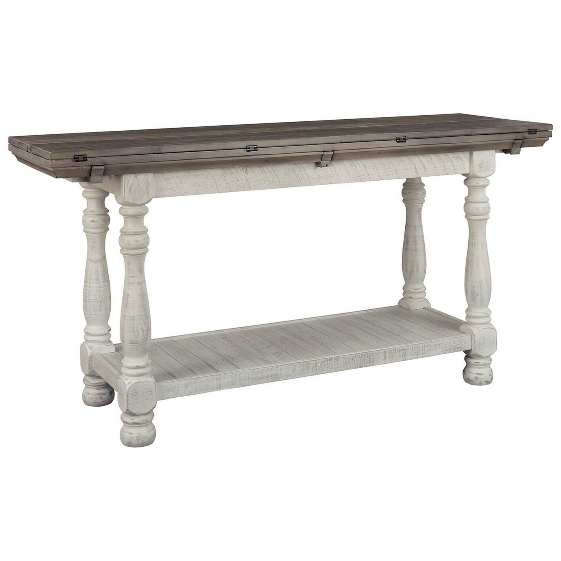 Flip-top wooden sofa table with open bottom shelf, brown top and antique white legs by Benzara