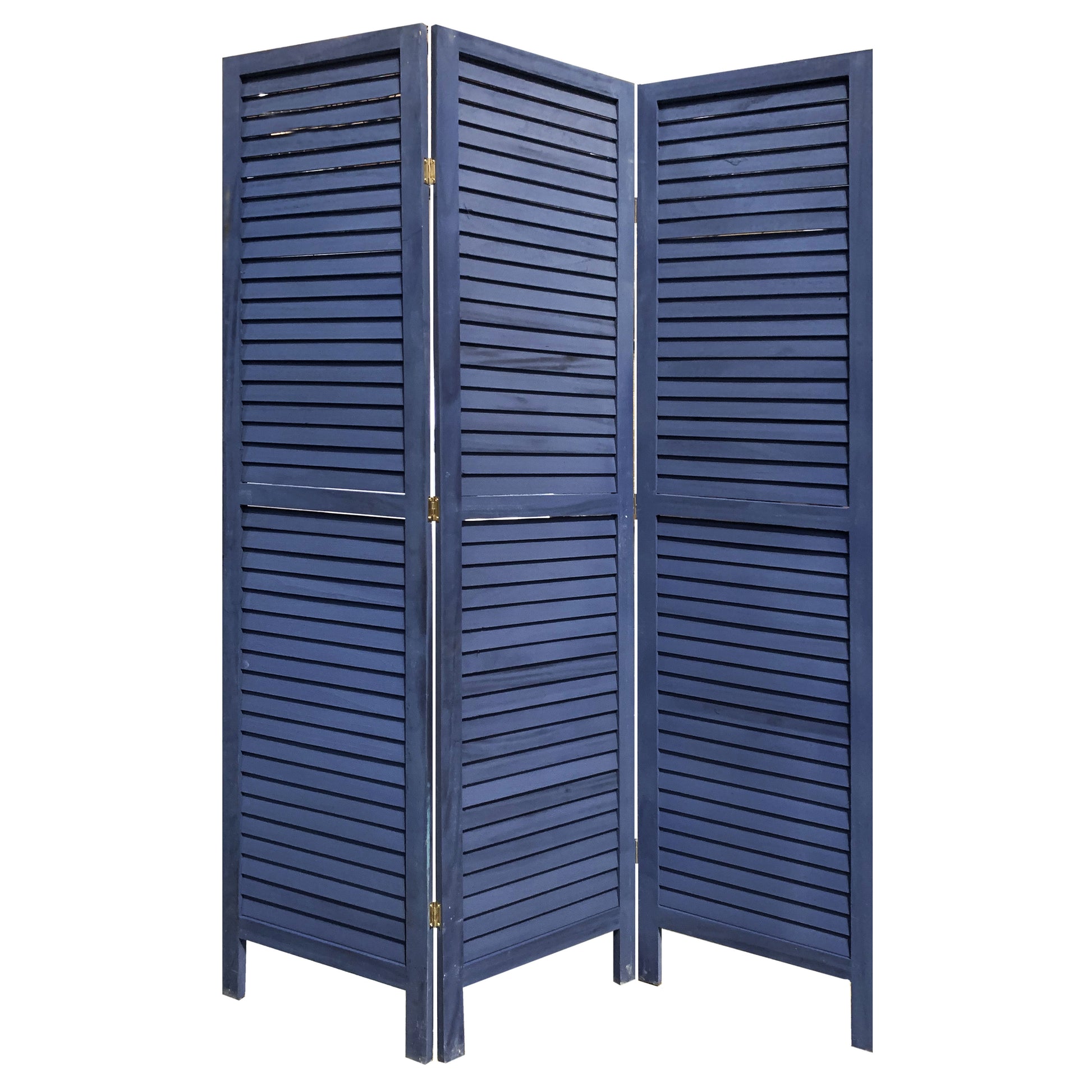 Wooden 3 Panel Shutter Screen with Fitted Slats, Dark Blue — Chic Home-Decor