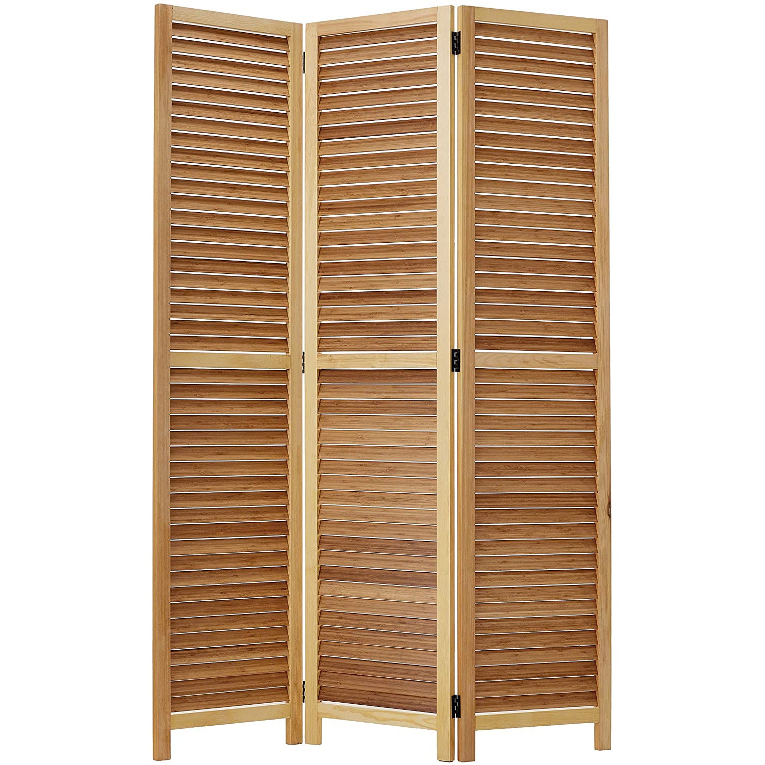 Wooden 3 Panel Shutter Screen with Bamboo Slats, Natural Brown — Chic Home-Decor