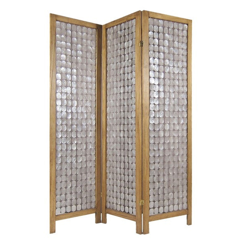 3-panel wooden screen with pearl motif accents in brown and silver.
