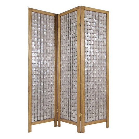 3-panel wooden screen with pearl motif accents in brown and silver.