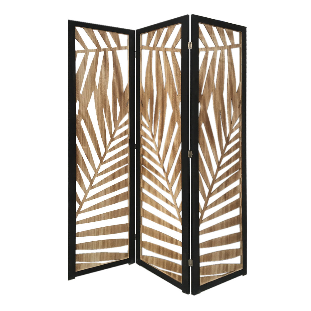 3 Panel Wooden Screen with Laser Cut Tropical Leaf Design, Brown and Black — Chic Home-Decor