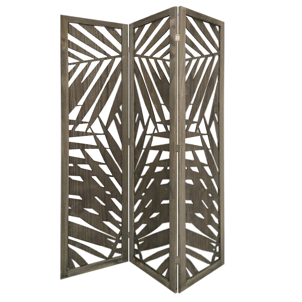 3 Panel Wooden Screen with Laser Cut Tropical Leaf Design, Gray — Chic Home-Decor