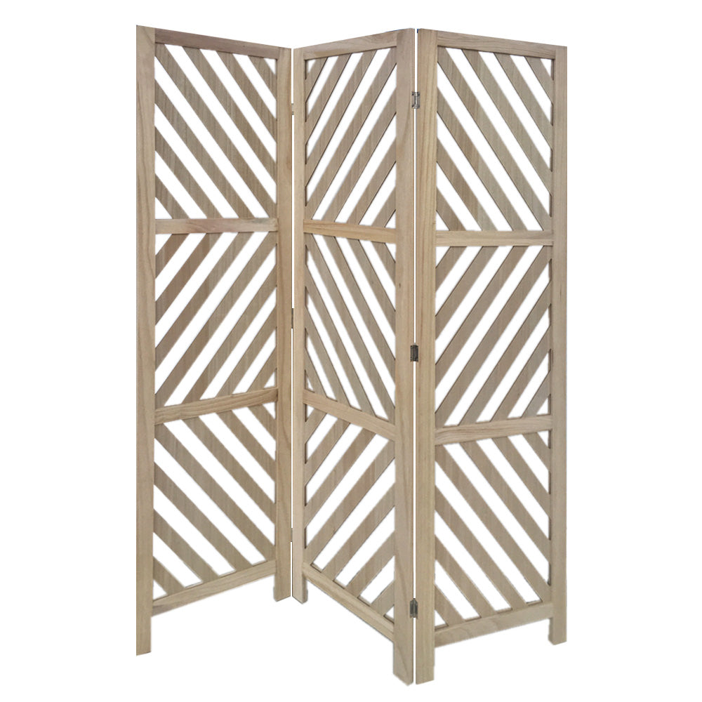3 Panel Wooden Frame Screen with Diagonal Cut Slats, Natural Brown — Chic Home-Decor