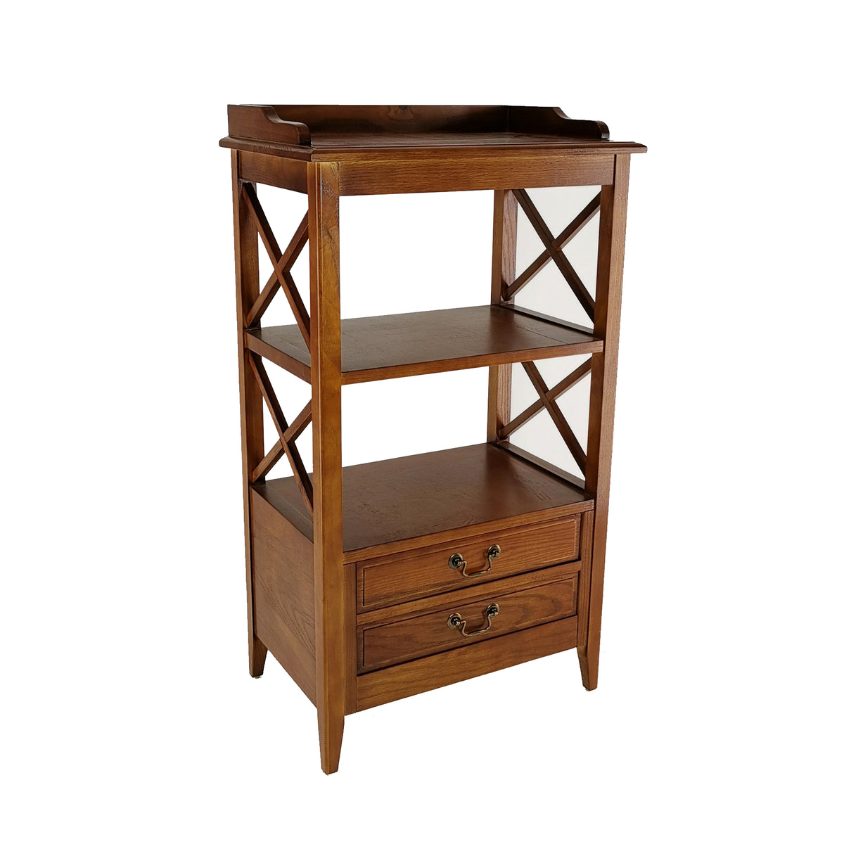 X Frame Wooden Rack with 2 Drawers and Open Shelf, Brown — Chic Home-Decor
