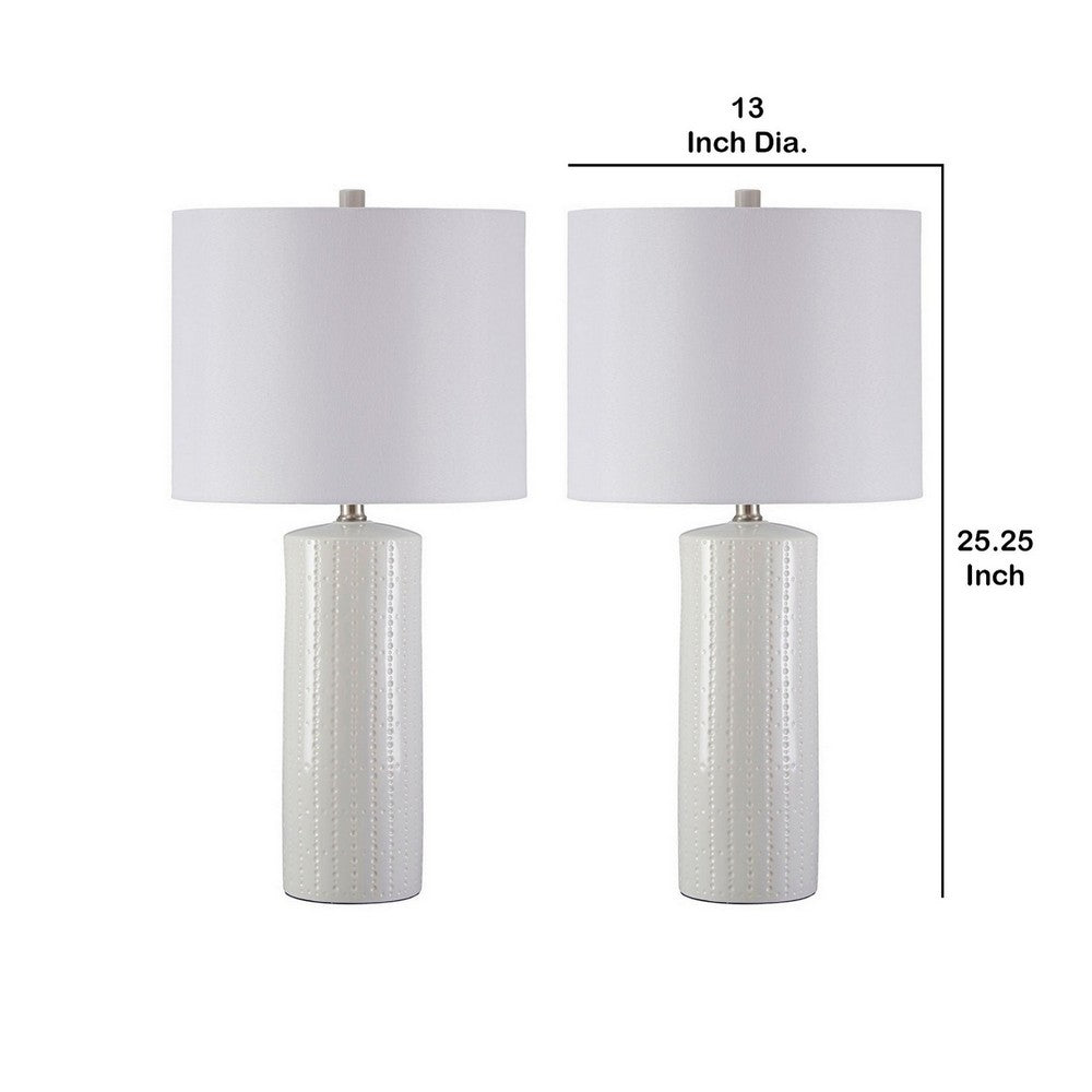 Carved Ceramic Base Table Lamp with Drum Shade, Set of 2, White