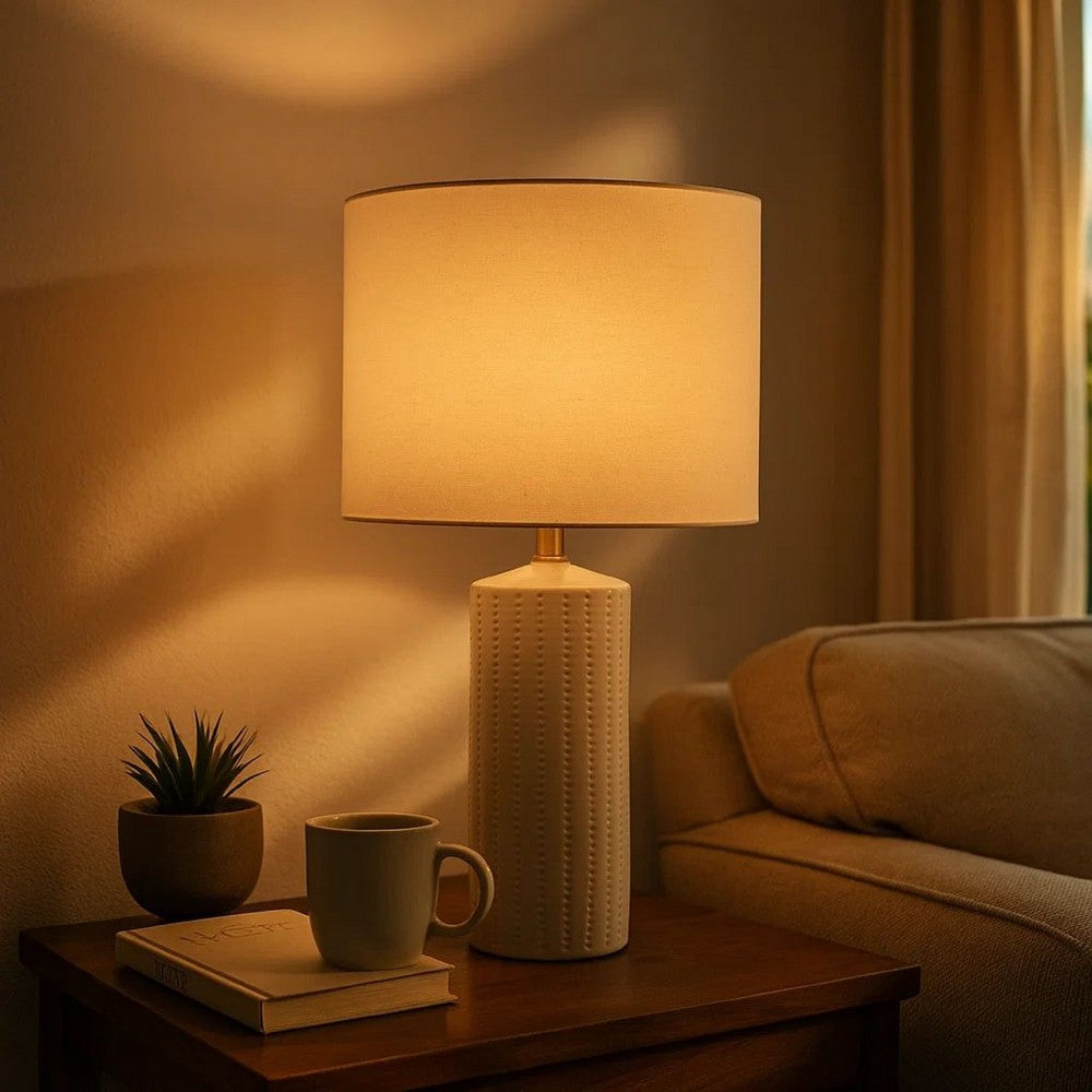 Carved Ceramic Base Table Lamp with Drum Shade, Set of 2, White