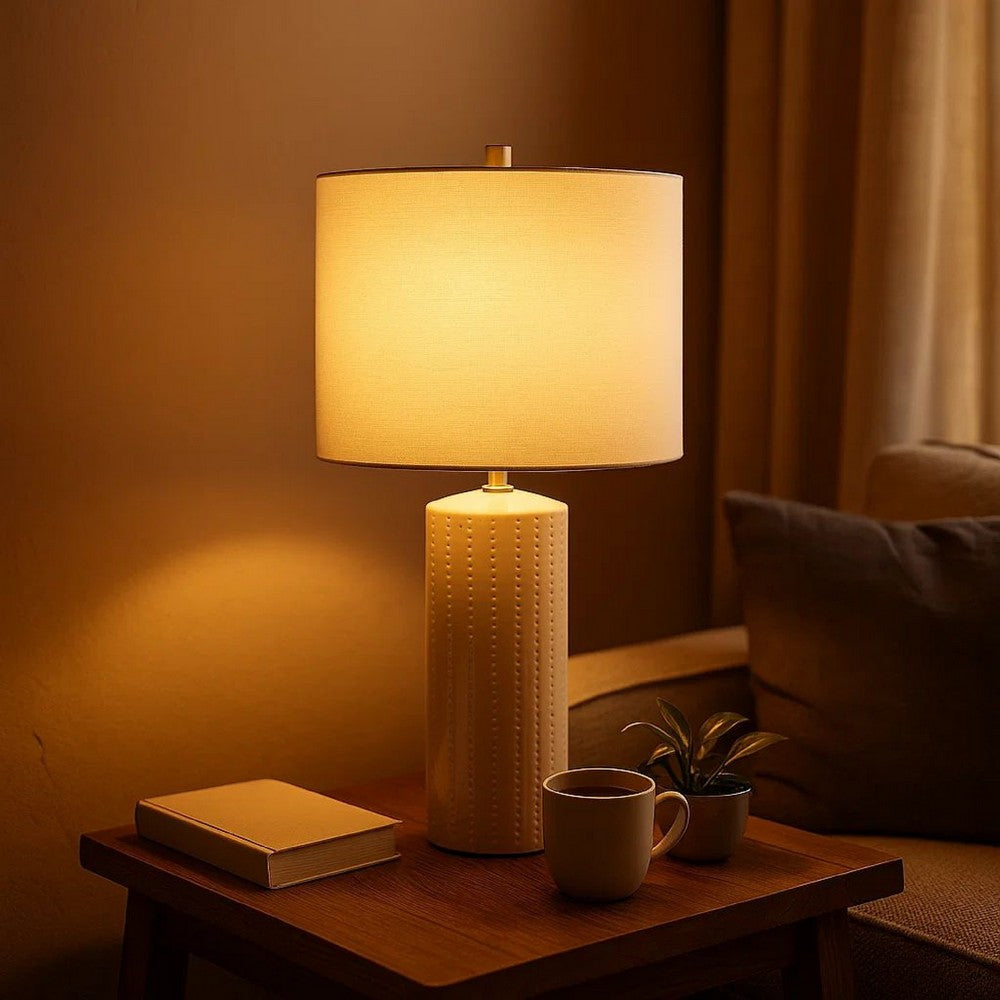 Carved Ceramic Base Table Lamp with Drum Shade, Set of 2, White