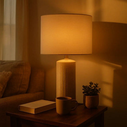 Carved Ceramic Base Table Lamp with Drum Shade, Set of 2, White