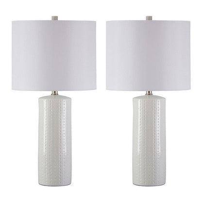 Carved Ceramic Base Table Lamp with Drum Shade, Set of 2, White