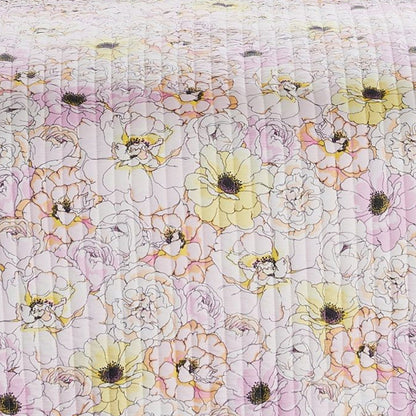 Milan 3 Piece Microfiber Blooming Flower Pattern Queen Quilt Set, White and Pink