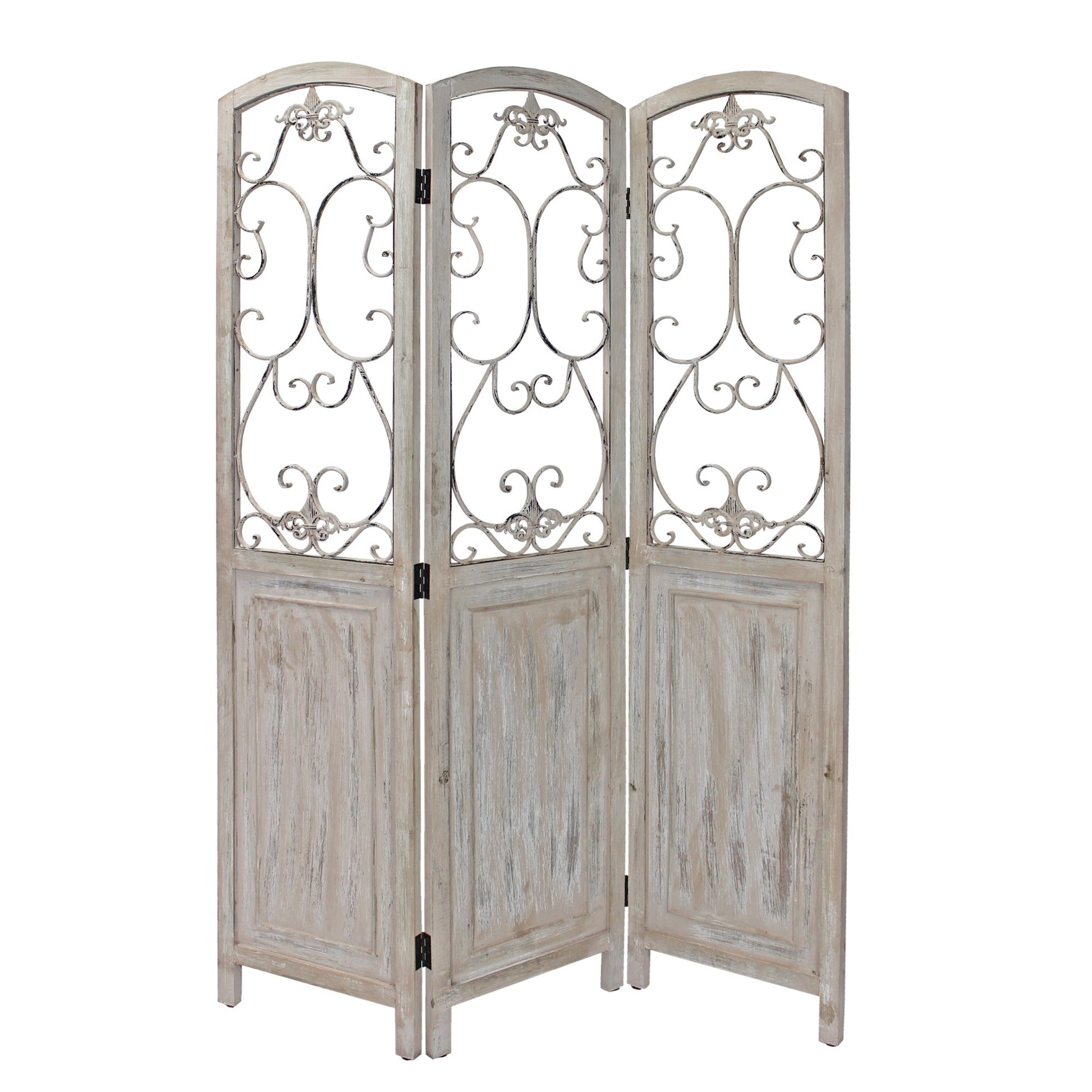 48 inch 3 Panel Screen with Metal Scrollwork, Washed Beige — Chic Home-Decor