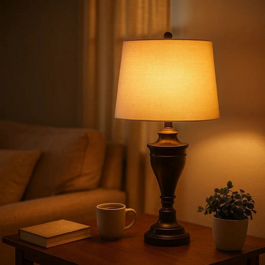 Metal Table Lamp with Turned Pedestal Base, Set of 2, Bronze